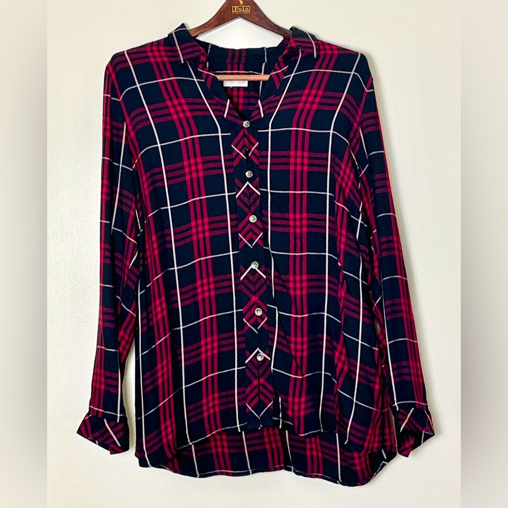 J. Jill Button Down Shirt‎ Women’s Medium Plaid Black Red Fall Gorpcore Cozy